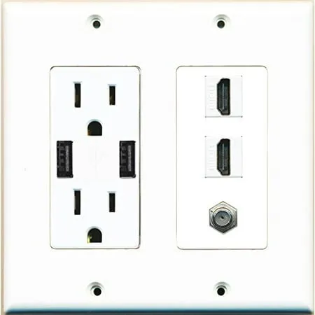 RiteAV 15A 125V Power Outlet with 2 Powered USB Ports and 2 x HDMI 1 x Coax Cable Decorative White Wall Plate