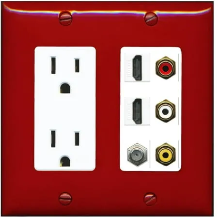 RiteAV - 2 x 15 Amp 125V Power Outlet 3 x RCA - 2 X HDMI and 1 x Coax Cable TV Port Wall Plate - Red/White