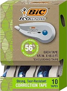 BIC Ecolutions Wite-Out Brand Correction Tape, 19.8 Feet, 10-Count Pack, Correction Tape Made from 56% Recycled Plastic Excluding Tape