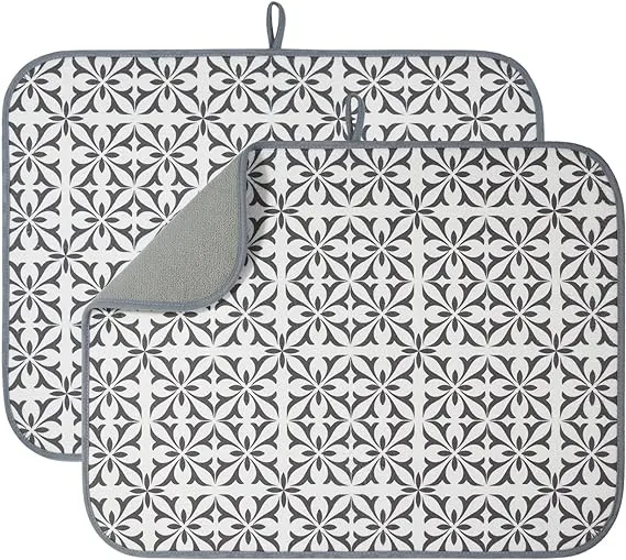 AELS XL 24" x 18" Dish Drying Mat, Set of 2, for Kitchen Counter, Reversible Absorbent Microfiber Dish Drainer/Rack Pads with Hanging Loop, Gray Damask