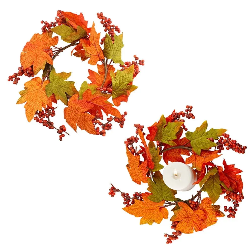 AuldHome Fall Leaves Candle Wreaths (2-Pack); Autumn Colors Decorative Candle Rings for Fall and Thanksgiving Decor