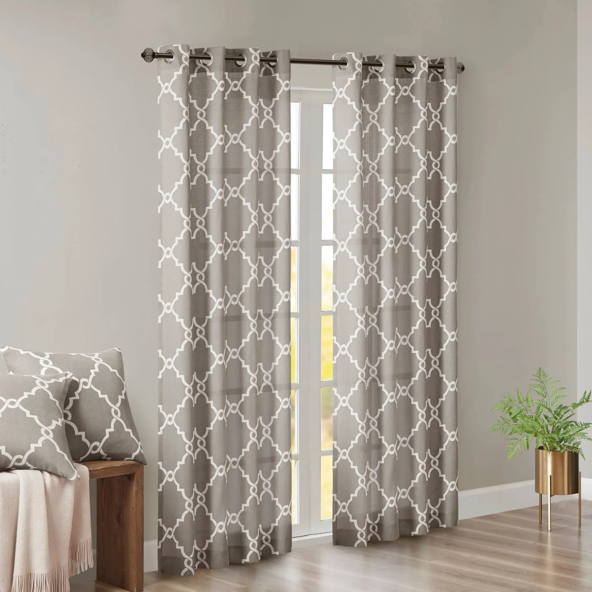 Saratoga Fretwork Print Grommet Top Window Curtain Panel - Grey - Madison Park