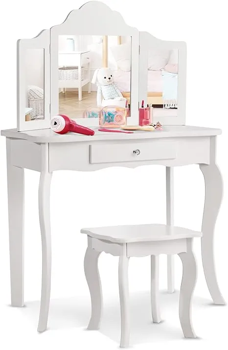 Costway Vanity Table Set Makeup Dressing Table Kids Stool Mirror - Bed Bath & Beyond - 22391672