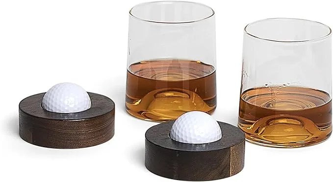 Golf Ball Coaster and Whiskey Glasses - Set of 2 - With Real Golf Ball Embedded