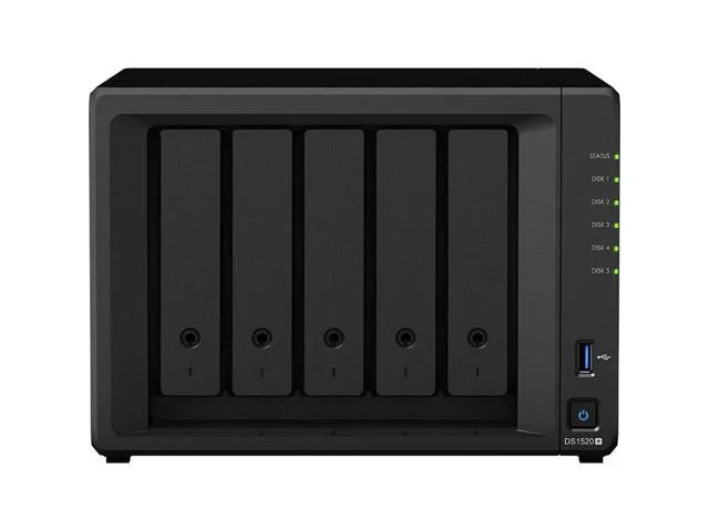 Synology DiskStation DS1520+ NAS Server with Celeron 2.0GHz CPU, 8GB Memory, 90TB HDD Storage, 1TB M.2 NVMe SSD, 4 x 1GbE LAN Ports, DSM Operating.