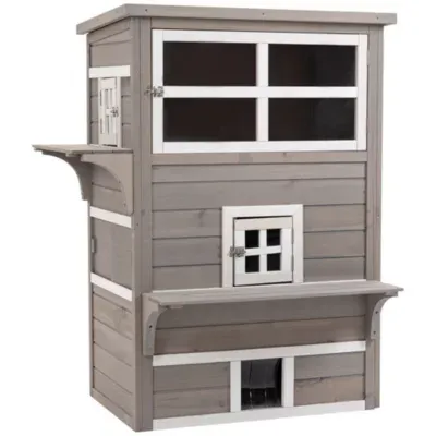 Pawhut 3 Tier Feral Cat House Outdoor Kitten Condo Shelter With Raised Floor Asphalt Roof Escape Door Jumping Platform Grey