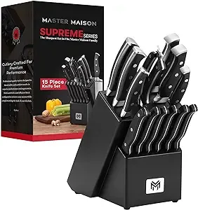 Master Maison 15 Pcs Black Wood Professional Knife Set - Stainless Steel Kitchen Knives With Dual Sharpener and Edge Guard Cover - Anti-Fatigue, Ergonomic, Full-Tang Triple-Riveted Handle