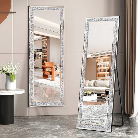 MUAUSU Crystal Full Length Floor Mirror- 59"×18" Crushed Diamond Full Body Mirror Silver Long Standing Mirror for Bedroom Living Room Bathroom Wall Mounted