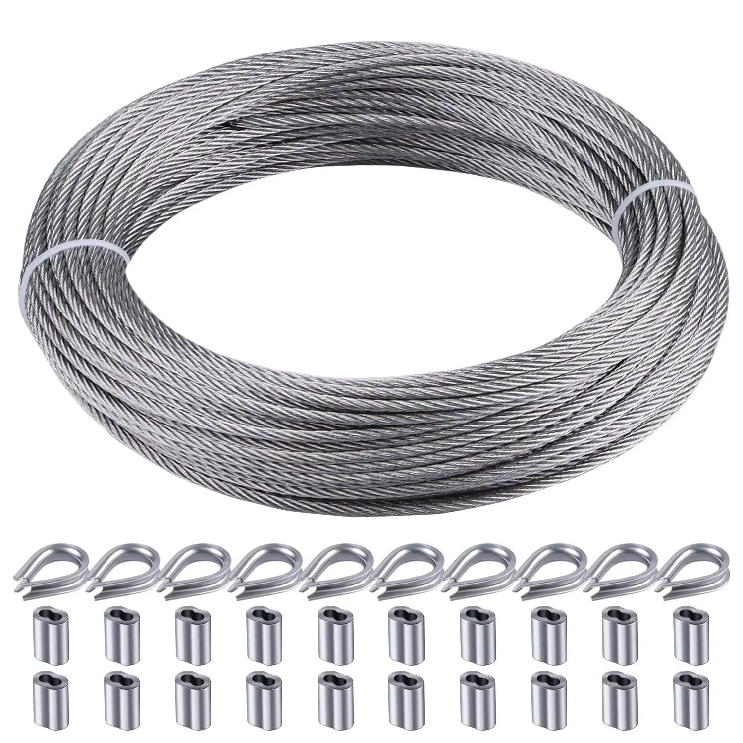 Rectoo 1/8" wire cable, 100ft Wire Rope Metal Cable With Loop Sleeve And Steel Thimble, 7x7 marine stainless steel Strand Core Perfect For Deck Railing System, Outdoor hanging kit, garden fence (SR03)