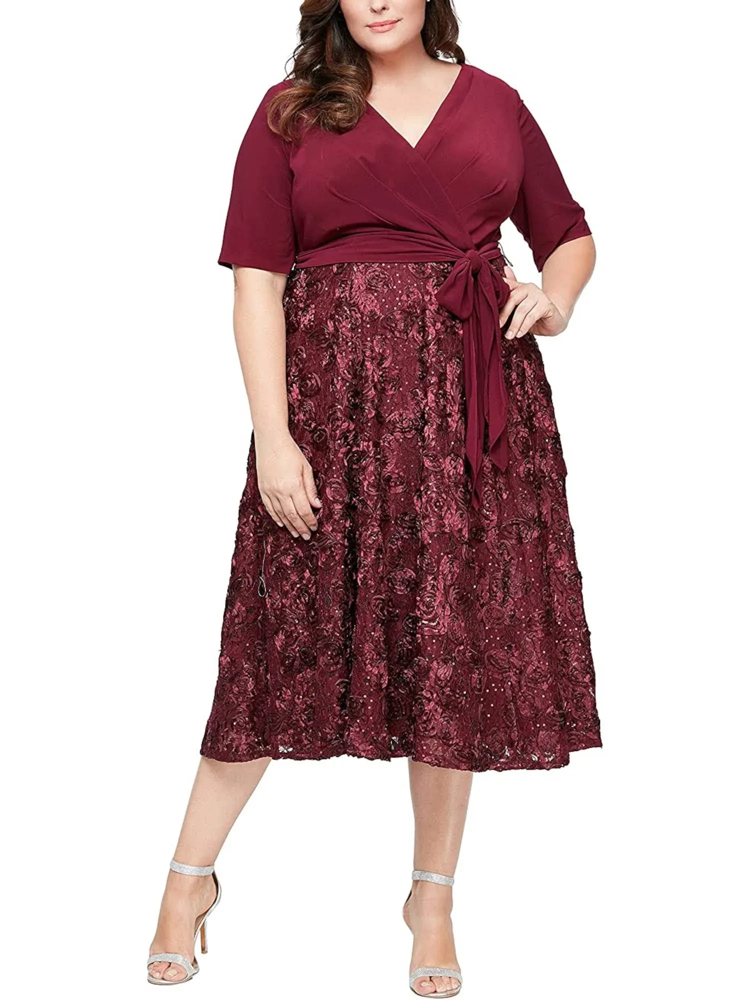 Alex Evenings Women's Plus Size Tea Length Dress with Rosette Detail