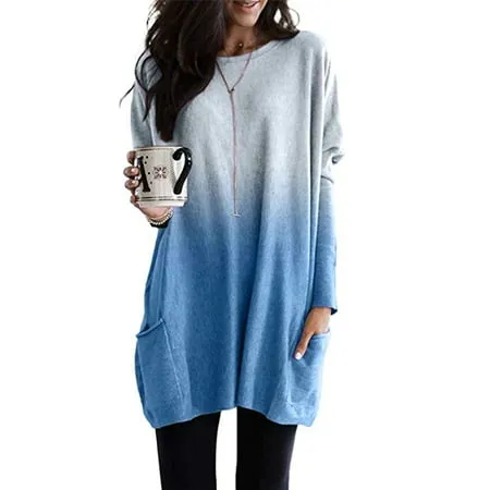 Plus Size Casual Long Sleeve Tunic Blouse Tops For Women Autumn Long Pullover Jumper Pocket Sweatshirt Tee Tops Ladies Kaftan Tunic Long Tops Shirt Size S-5XL