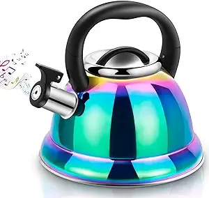 Whistling Tea Kettle for Stovetop, 3.5L Stainless Steel Tea Pot with Cool Ergonomic Folding Handle, Rainbow Induction Kettles for Boiling Water, Mirror Finish