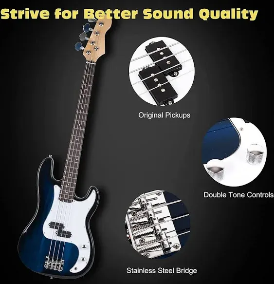 Polar Aurora NEW Full Size 4 Strings Blue Electric Bass Guitar+ Amp Cord+ Gigbag...