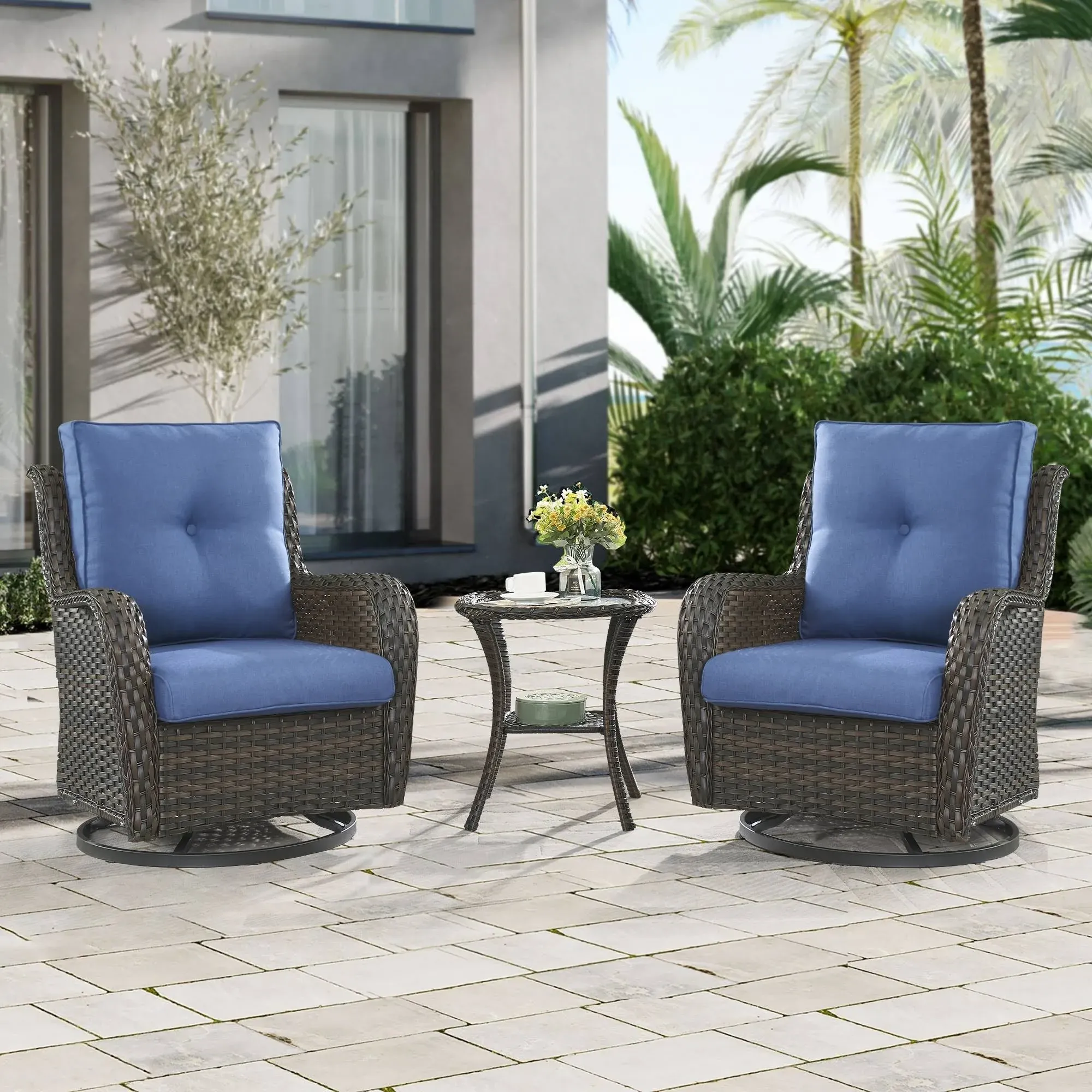 3 Piece Outdoor Wicker Swivel Rocker with Cushion & Table - Brown/Blue