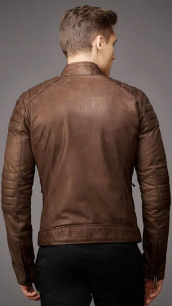 Brown Leather Jacket Men&#039;s - Café Racer Real Lambskin Leather Jacket  NFS 079