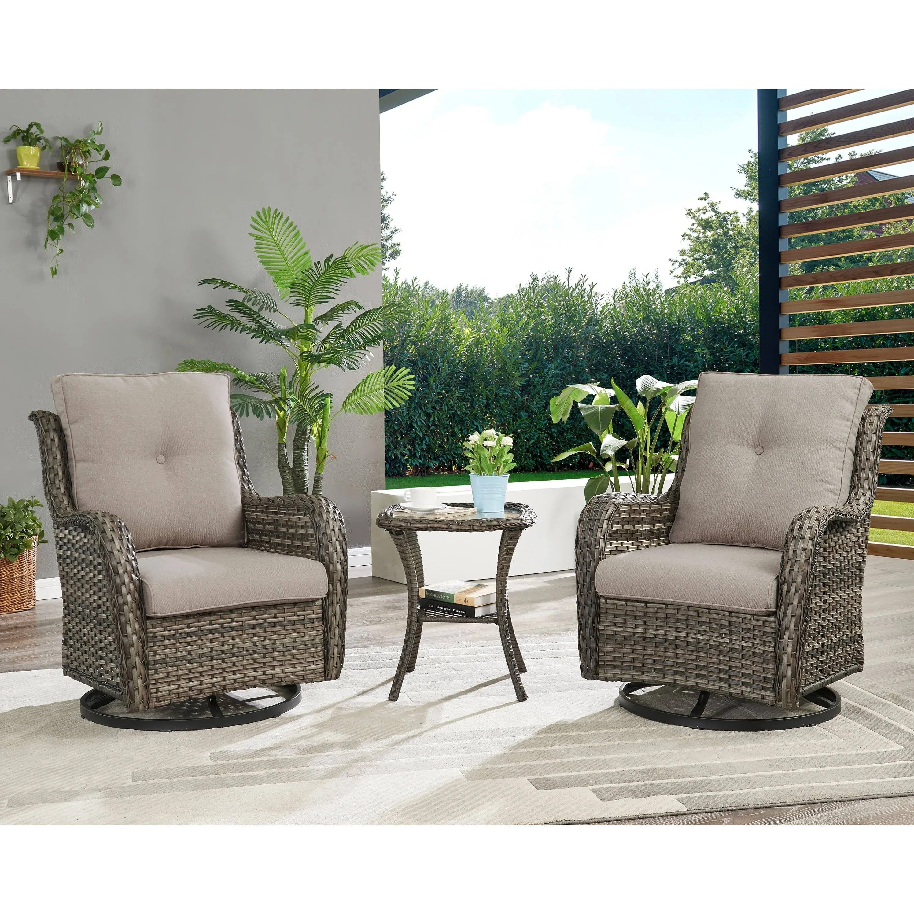 Pocassy 3-Piece Outdoor Swivel Bistro Set, Wicker Rocking Chairs - Grey/Grey