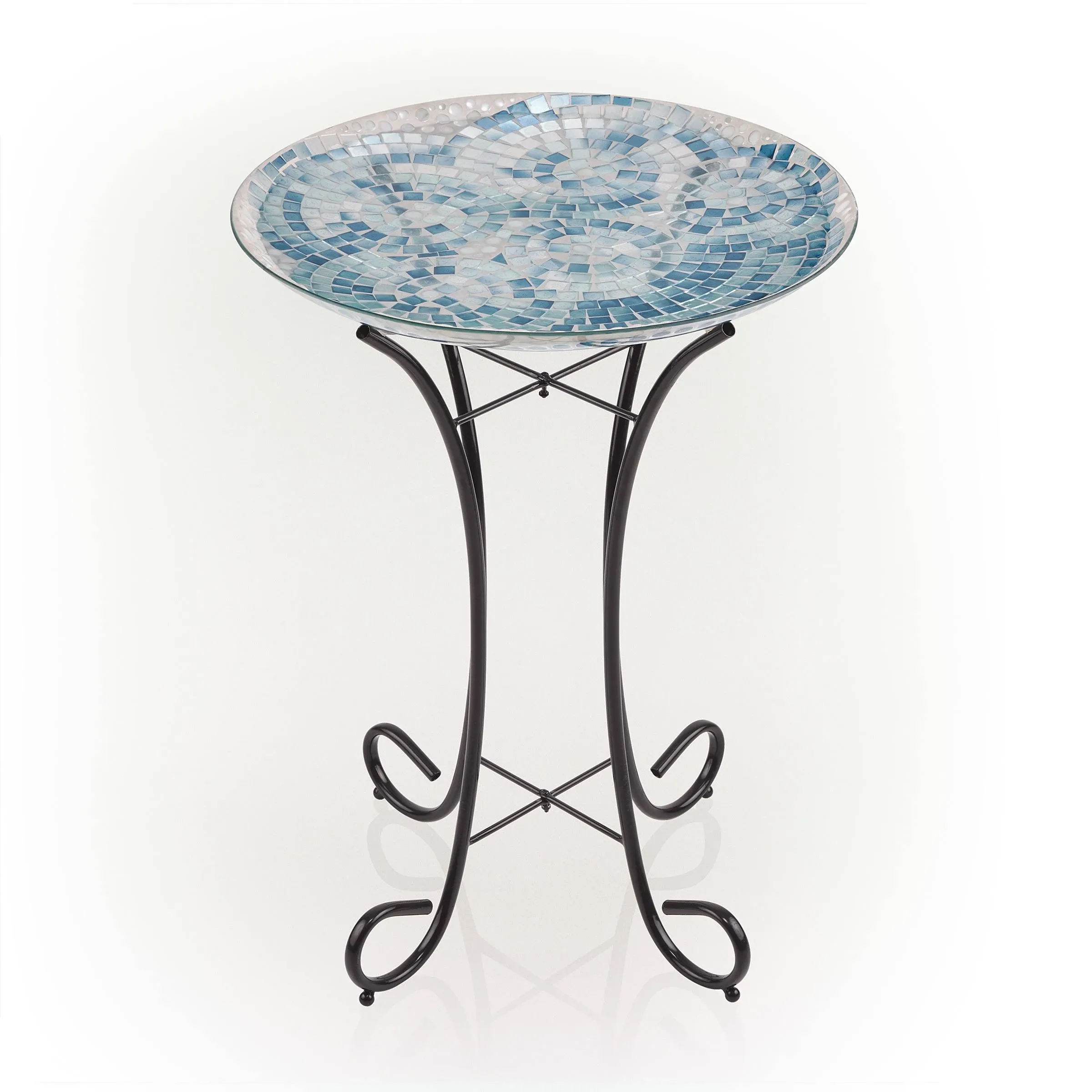 Alpine Corporation 24" Outdoor Mosaic-Style Glass Birdbath Bowl with Metal Stand Blue