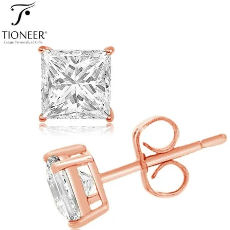 Tioneer 9mm Rose Gold Plated Sterling Silver 925 Dark Princess Square-Cut Solitaire Style Cubic Zirconia Earring Stud For Men And Women | Includes a Tioneer Marked Jewelry Box