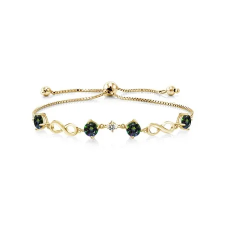 Gem Stone King 2.27 Ct Green Mystic Topaz White Diamond 18K Yellow Gold Plated Silver Keren Hanan Women Adjustable Infinity Tennis Link Bracelet