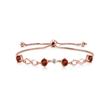 Gem Stone King 4.07 Ct Round Red Garnet White Diamond 18K Rose Gold Plated Silver Keren Hanan Women Adjustable Infinity Tennis Link Bracelet