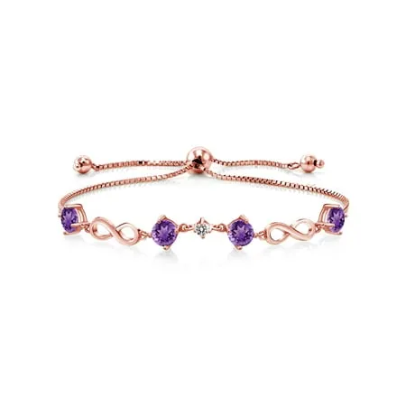 Gem Stone King 1.97 Ct Round Purple Amethyst White Diamond 18K Rose Gold Plated Silver Keren Hanan Women Adjustable Infinity Tennis Link Bracelet