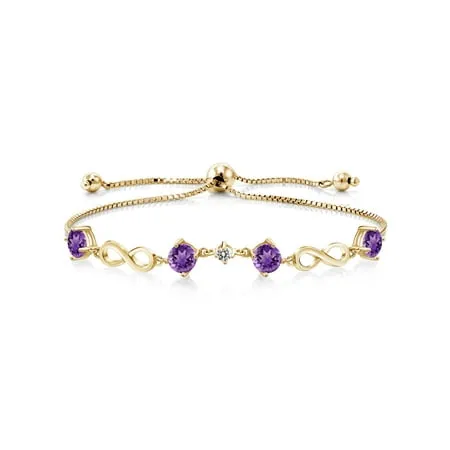 Gem Stone King 1.97 Ct Purple Amethyst White Diamond 18K Yellow Gold Plated Silver Keren Hanan Women Adjustable Infinity Tennis Link Bracelet