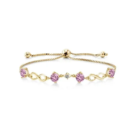 Gem Stone King 2.27 Ct Pink Created Sapphire White Diamond 18K Yellow Gold Plated Silver Keren Hanan Women Adjustable Infinity Tennis Link Bracelet