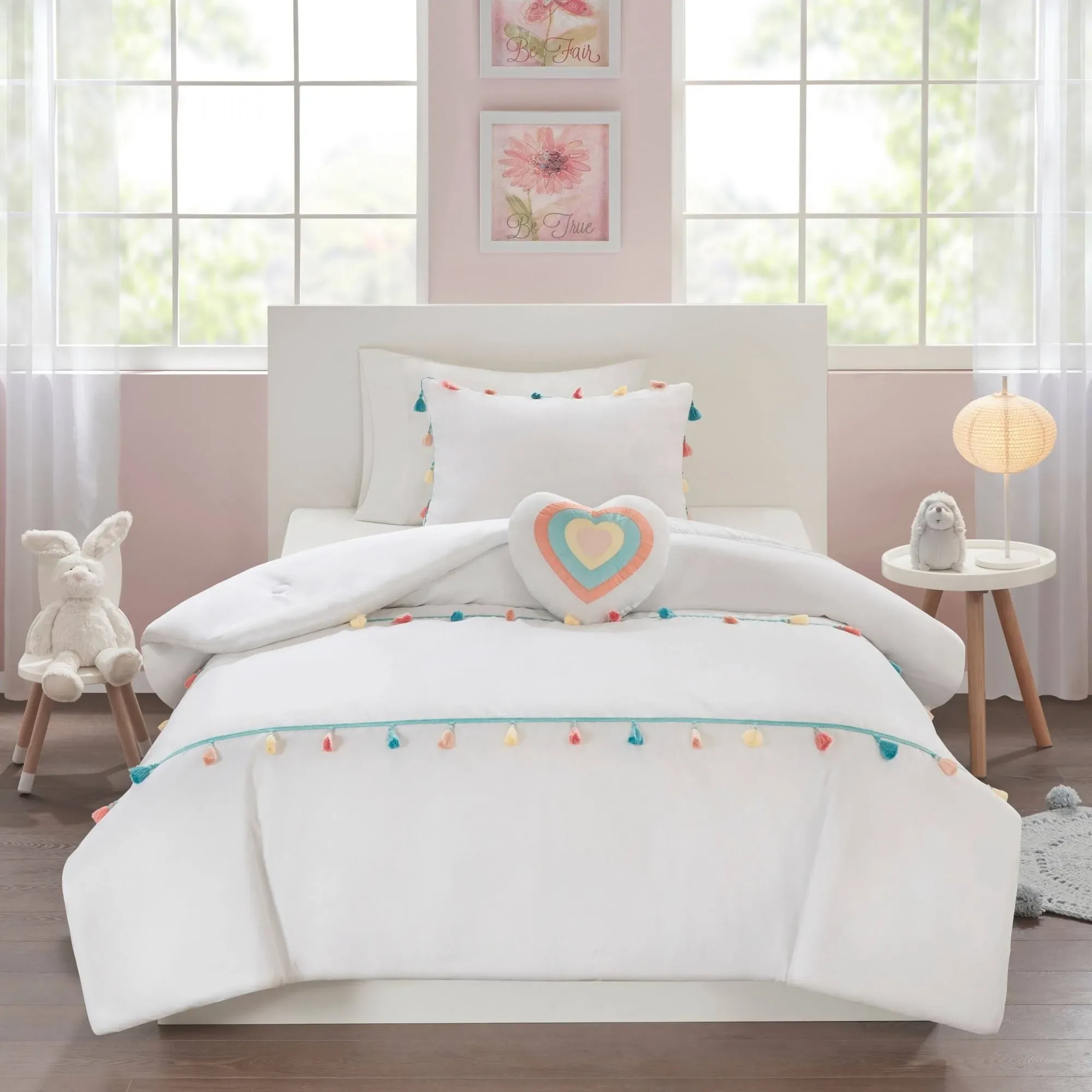 Mi Zone Kids Tessa Cozy Comforter Set, Colorful Fun Design All Season Children Bedding Girls Bedroom Décor, Twin, White with Colorful Tassel 3 Piece