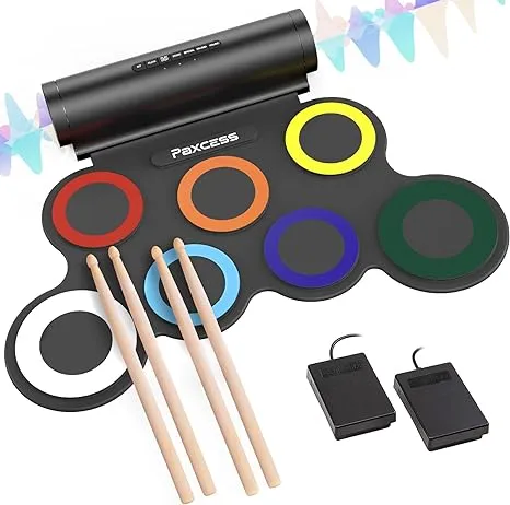 7 Pads Electronic Drum Set, Roll-Up Drum Practice Pad Drum Kit with Headphone Jack Built-in Speaker Drum Pedals Drum Sticks 10 Hours Playtime, Great Holiday Birthday Gift for Kids (Colorful)