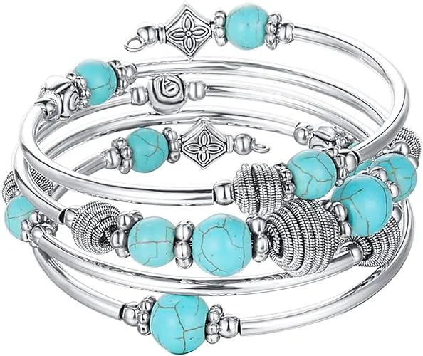 PEARL&CLUB Beaded Chakra Bangle Turquoise Bracelet - Fashion Jewelry Wrap Bracelet with Thick Silver Metal and Mala Beads, Birthday Gifts For Women