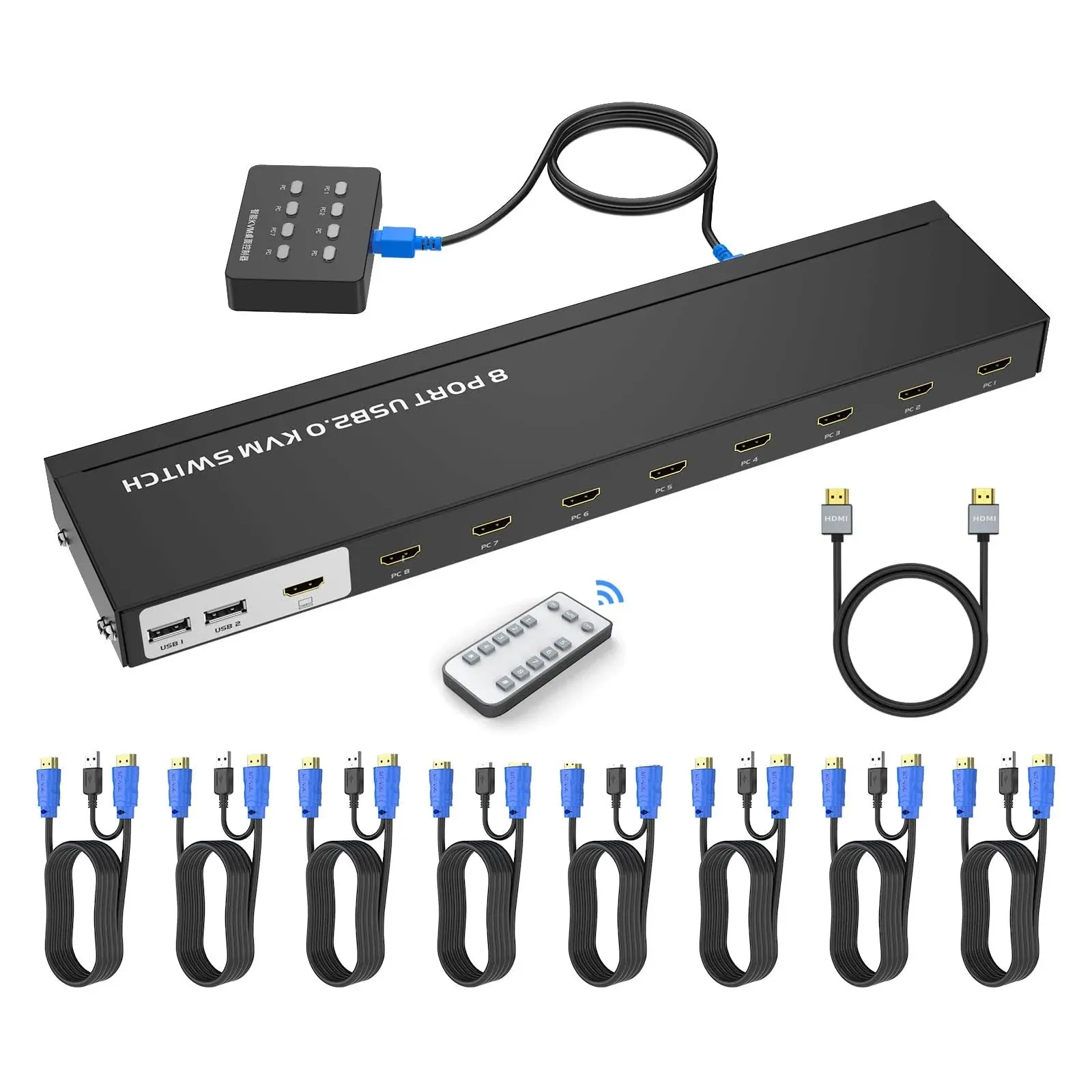 Yinker KVM Switch HDMI 8 Port, 4K@30Hz USB HDMI Rack KVM Console 8 in 1 Out, 4 Usb2.0 Hubs Desktop Selector IR Remote & Ears, w/ 8 Packs KVM Cables