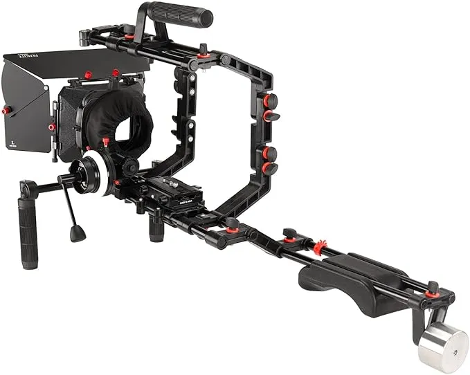 Shoulder Rig Kit w Matte Box & Follow Focus for DSLR Cameras. Ergonomic & Stable, 6” to 9” Convertible Size. Adjustable Handles, ¼” Threads. Comfy Shoulder Pad, Quick Release Plate (FC-03)