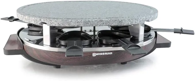 SwissMar Matterhorn Oval Raclette Table Grill Indoor w/ Wood Base - Reversible Cast Aluminum Non-Stick Grill Plate - Tabletop BBQ, Perfect for Parties & Family Bonding - 8-Person