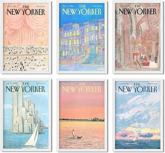 New Yorker Magazine Cover Poster Set Of 6, Retro Poster, 6 Pieces Pink & Blue Poster Print, New Yorker Print, The New Yorker Magazine Cover