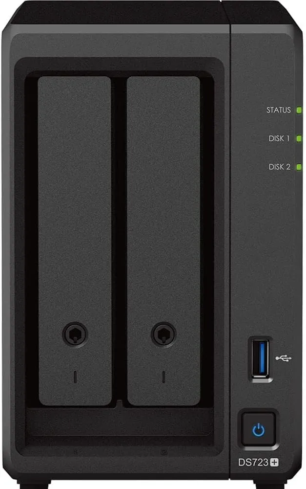 Synology DiskStation DS723+ NAS Server with Ryzen 2.6GHz CPU, 32GB Memory, 8TB SSD Storage, 1TB M.2 NVMe SSD, 2 x 1GbE LAN Ports, DSM Operating System