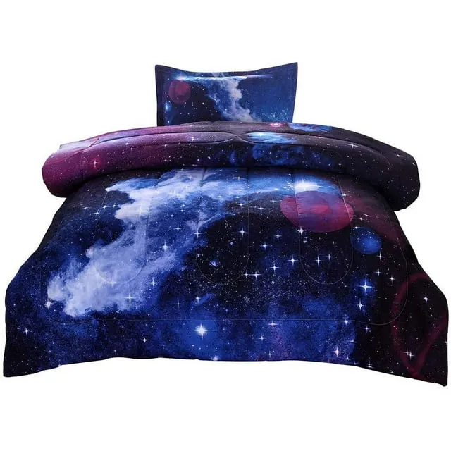 JQinHome Twin Galaxy Comforter Sets Blanket, 3D Outer Space Themed Bedding, All-Season Reversible Quilted Duvet, for Children Boy Girl Teen Kids - Includes 1 Comforter, 1 Pillow Sham (Dark Blue)