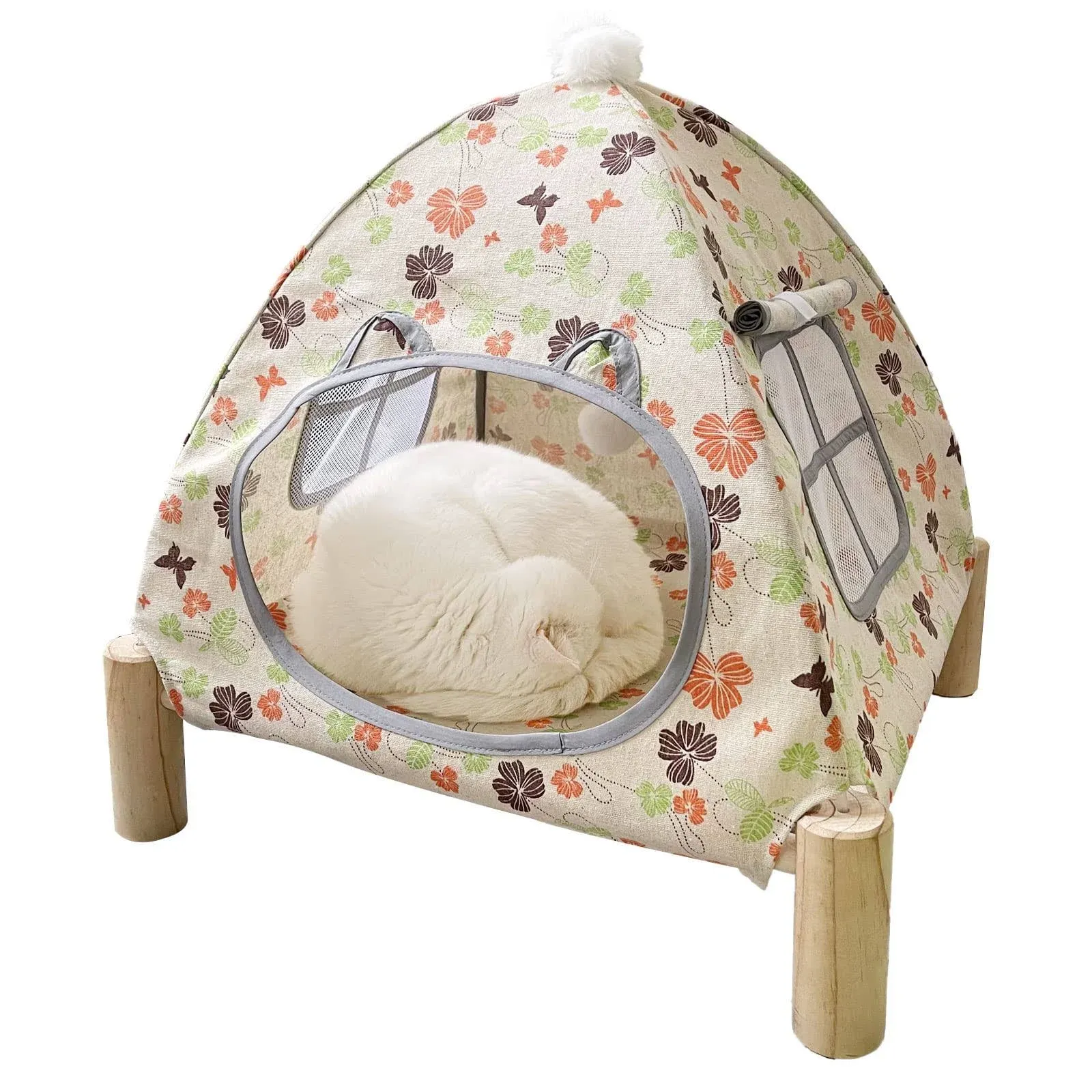 2-in-1 Cat Bed Tent Wooden Frame Cat Tent Cat Hammock, Removable Wooden Cat Raise Indoor Outdoor Bed, Portable Indoor/Outdoor Pet Dog Tent House Cat Puppy Small Animal (Four Leaf Flower Tent)