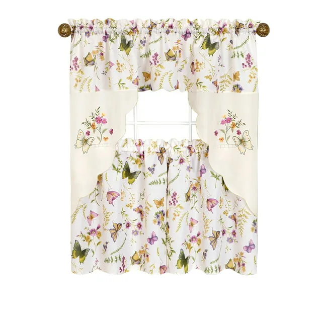 PowerSellerUSA Floral Butterflies Tier Panels and Swag Curtains, 3-Piece Window Curtains & Valance, For Kitchen or Living Room, Cafe Curtains for Small Windows, Floral Butterflies, 58" W x 36" L