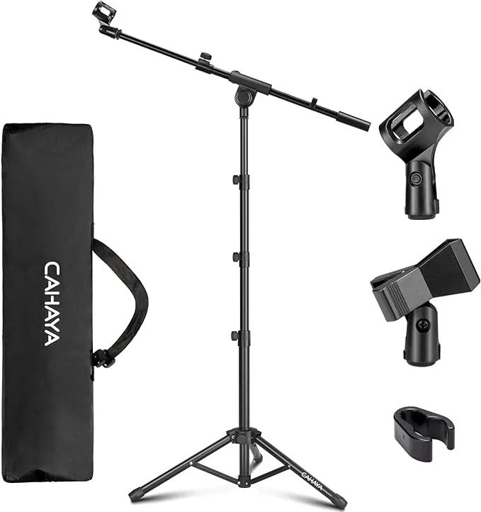 CAHAYA Tripod Microphone Stand Height Adjustable with 2 Mic Clips Boom Arm Floo