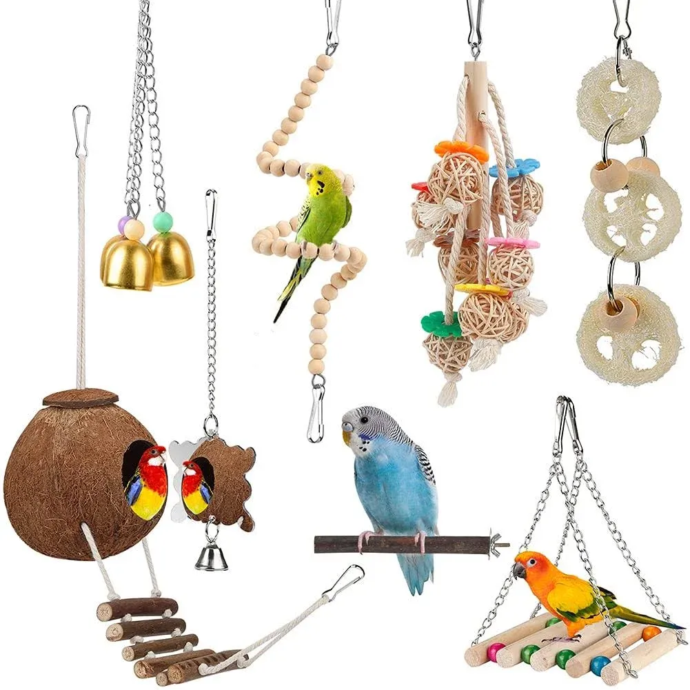 Toys for Bird Parakeet Toy Bird Perch Bird Cage Hammock Coconut Hideaway with ...