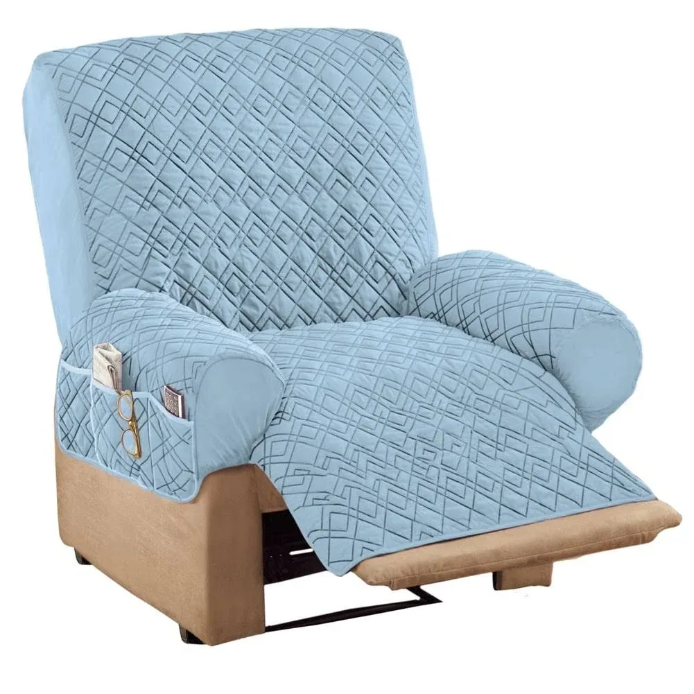 Collections Etc Diamond-Shape Quilted Stretch Recliner Cover with Storage Pockets and Elastic Straps - Furniture Protector