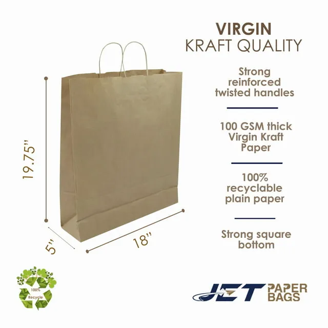 [50 PCS] 18" x 5" x 19.75H" Large Brown Kraft Paper Shopping Bags with Twisted Handles for Gift, Jumbo Paper Bags, Cargo Shopping Bags, Take-Out, Wedding, Party Favor, Thank You and More -VERA-