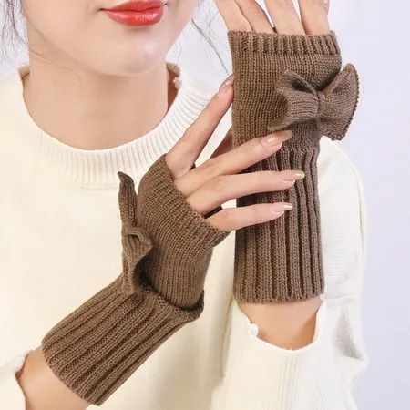 Ybeauty 1 Pair Fingerless Bowknot Decor Women Gloves Autumn Winter Ribbed Cuff Solid Color Knitted Gloves Arm Warmers