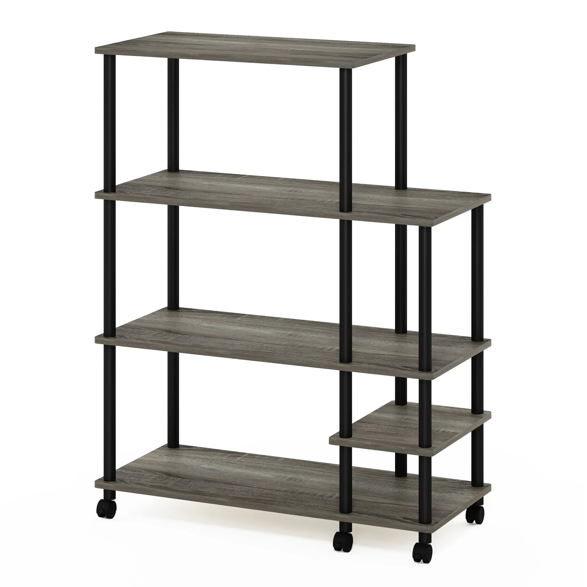 Furinno Turn-N-Tube 4-Tier Wide Toolless Multipurpose Printer Stand Display Storage Shelf with Wheels, French Oak Grey/Black