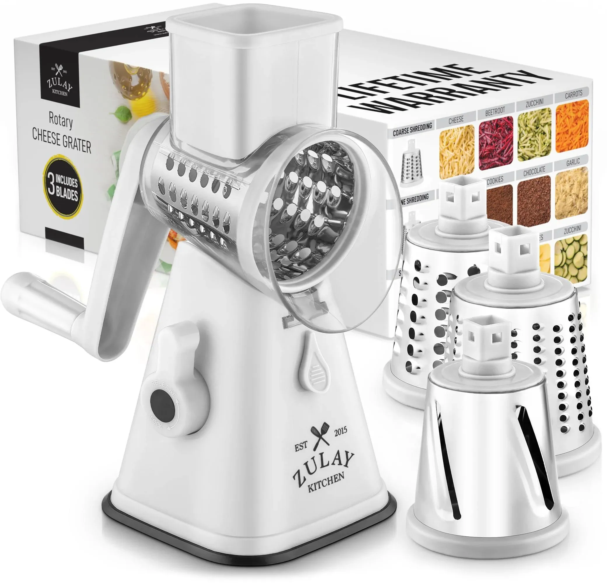 Zulay Kitchen Cheese Grater Hand Crank, Grater For Kitchen With Reinforced Suction - Rotary Cheese Grater With 3 Replaceable Stainless Steel Blades - Easy to Use & Clean - Vegetable Cutter - Black