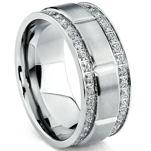 Metal Masters Men's Titanium Wedding Band Ring with Double Row Cubic Zirconia, Comfort Fit Sizes, 9MM Size 11