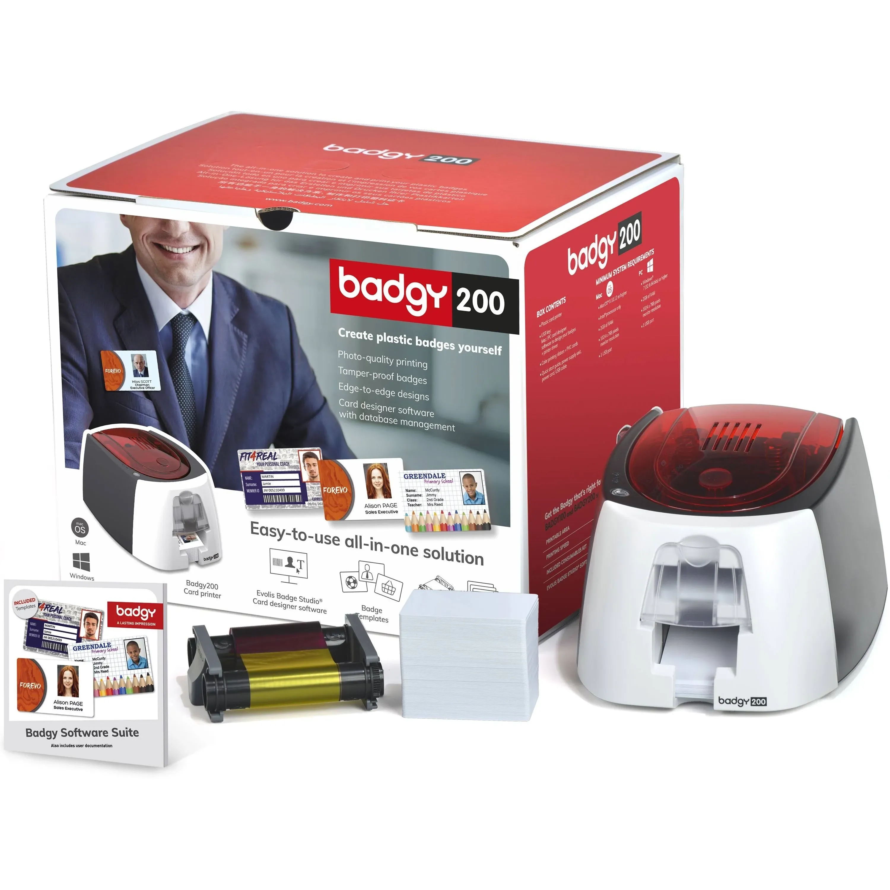 EVOLIS, BADGY200, CARD PRINTING SOLUTION, 1 BADGY200 PRINTER, SINGLE SIDED, 1 COLOR RIBBON FOR 100 PRINTS AND 100CT PVC CARDS(30MIL) WITH BADGE STUDIO+ SOFTWARE