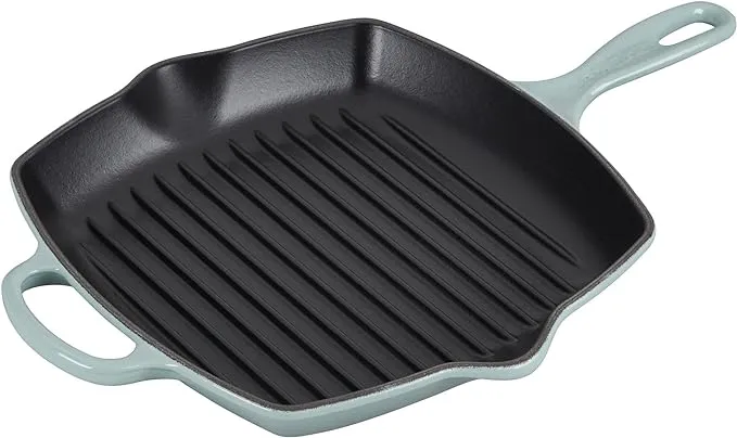 Le Creuset Cast Iron Signature Square Skillet Grill, 10.25", Sea Salt