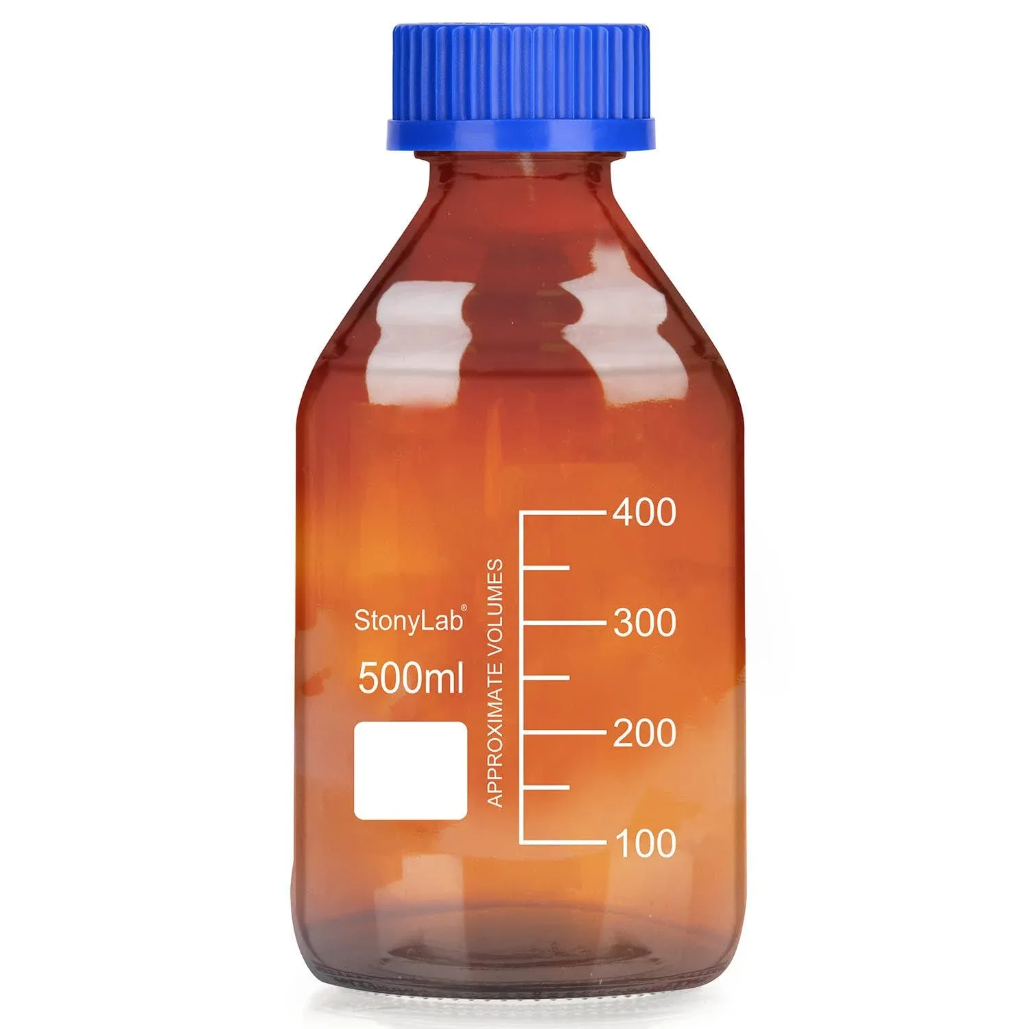 StonyLab Storage Bottles with GL45 Screw Cap, 500 ml Amber Borosilicate Glass Graduated Round Storage Bottle for Lab Reagent Media Storage Bottles