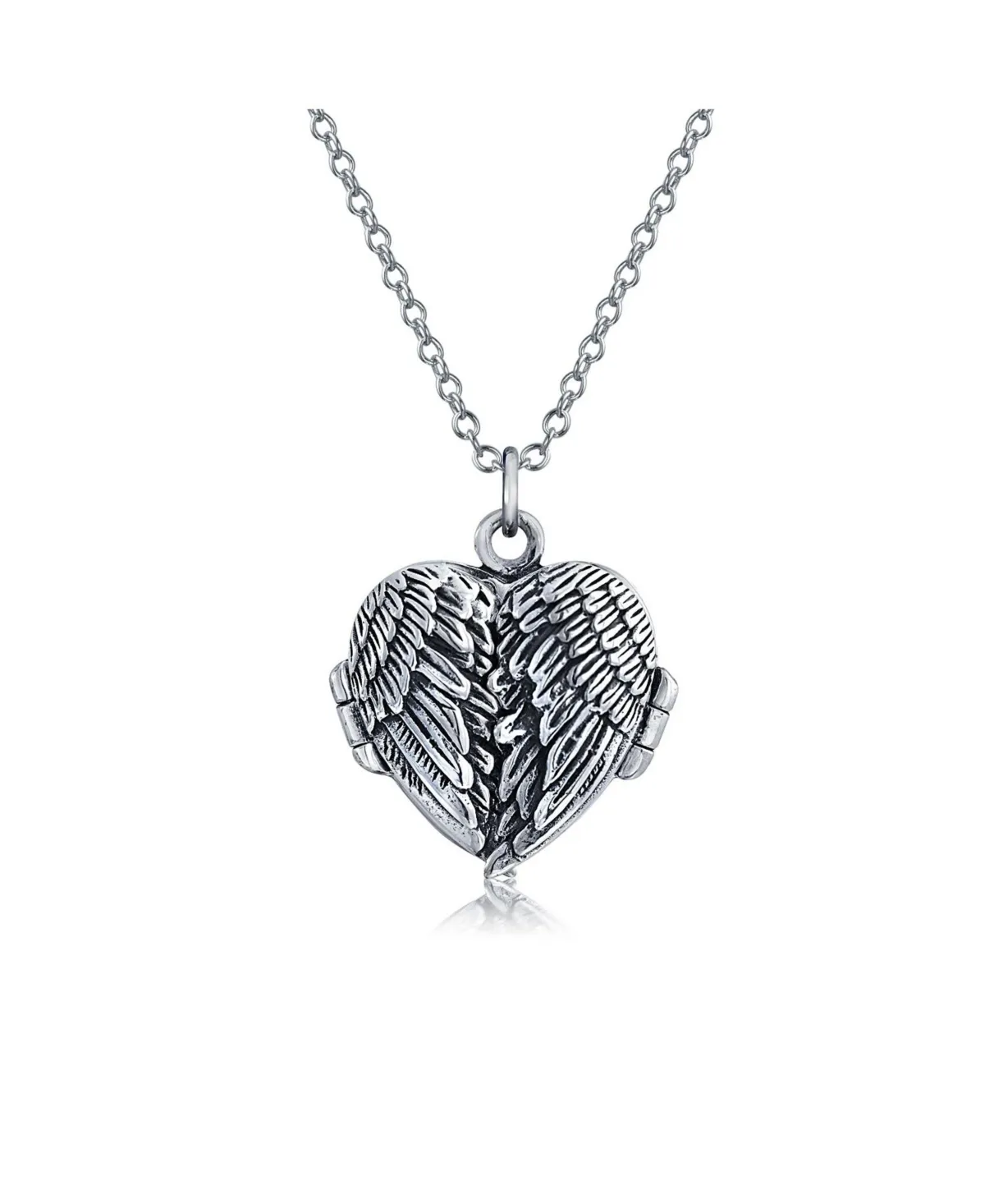 Dome Large Guardian Angel Wing Feathered Heart Shaped Photo Locket For Women Teens Holds Photos Pictures Oxidized .925 Silver Necklace Pendant